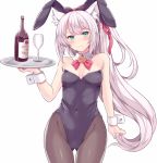  &gt;:( 1girl animal_ears arm_at_side azur_lane bare_arms bare_shoulders black_bow black_legwear black_leotard blush bottle bow breasts bunnysuit cat_ears cleavage closed_mouth covered_navel cowboy_shot cup detached_collar drinking_glass eyebrows_visible_through_hair fake_animal_ears frills gluteal_fold hair_bow hammann_(azur_lane) hasu_(hk_works) holding holding_tray leotard long_hair looking_at_viewer ponytail rabbit_ears simple_background small_breasts solo standing strapless strapless_leotard thigh_gap tray v-shaped_eyebrows very_long_hair white_background wrist_cuffs 
