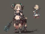  1girl armor bangs boobplate brown_eyes centauroid closed_mouth eyebrows_visible_through_hair full_body gloves holding holding_weapon hooves horns jewelry langbazi light_brown_hair mace midriff monster_girl multiple_views navel necklace original pelvic_curtain pointy_ears scabbard sheath sheep_horns shield short_hair signature spaulders standing sword sword_behind_back vambraces weapon weapon_on_back 