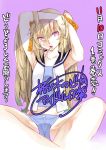  1girl armpits blonde_hair candy collarbone food kojima_takeshi legs_crossed lollipop long_hair looking_at_viewer mole mole_under_eye navel purple_background sailor_collar shorts simple_background sitting solo violet_eyes 