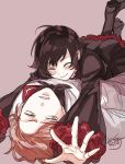  1boy 1girl artist_request blue_eyes brown_hair clenched_teeth closed_eyes commentary_request glomp hug lying orange_hair roman_torchwick ruby_rose rwby smile teeth 