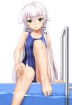  1girl altina_orion arm_at_side bare_arms bare_legs bare_shoulders barefoot black_ribbon blush chestnut_mouth competition_swimsuit eiyuu_densetsu eto eyebrows_visible_through_hair feet flat_chest green_eyes hair_ribbon highres knee_up long_hair looking_at_viewer one-piece_swimsuit open_mouth partially_underwater_shot pool_ladder poolside revision ribbon sen_no_kiseki sen_no_kiseki_2 silver_hair simple_background soaking_feet solo straight_shota swimsuit toenails toes very_long_hair water white_background 