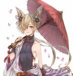  1boy animal_ears backless_outfit brown_eyes elbow_gloves erun_(granblue_fantasy) fox_ears gloves granblue_fantasy hair_ornament hair_over_one_eye kou_(granblue_fantasy) long_hair male_focus off_shoulder open_mouth ponytail smile umbrella very_long_hair 