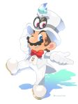  1boy blue_eyes brown_hair facial_hair formal gloves hat highres looking_at_viewer male_focus mario super_mario_bros. mustache omochi_(glassheart_0u0) one_eye_closed simple_background solo suit super_mario_bros. super_mario_odyssey white_gloves 
