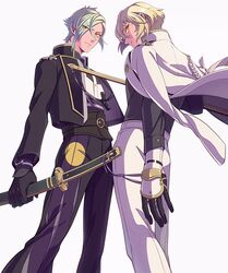  2boys armor aya black_gloves blonde_hair eyes_visible_through_hair gloves green_hair hair_over_one_eye higekiri_(touken_ranbu) hizamaru_(touken_ranbu) holding holding_weapon jacket_on_shoulders japanese_armor kote male_focus multiple_boys sheath sheathed touken_ranbu weapon yellow_eyes 