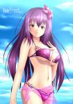  1girl bikini blue_sky breasts character_name cleavage copyright_name cowboy_shot day fate/grand_order fate_(series) flower hair_between_eyes hair_flower hair_ornament highres kokuu_no_chuusa large_breasts long_hair looking_at_viewer nail_polish navel outdoors pink_flower purple_bikini purple_hair red_eyes sarong scathach_(fate/grand_order) scathach_(swimsuit_assassin)_(fate) see-through sideboob signature sky solo standing swimsuit underwear very_long_hair 