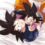  2boys bed bed_sheet black_eyes black_hair closed_eyes dragon_ball dragonball_z eyebrows_visible_through_hair father_and_son happy hug looking_at_viewer lying male_focus miiko_(drops7) multiple_boys open_mouth outstretched_hand short_hair smile son_gokuu son_goten spiky_hair upside-down 