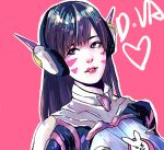  1girl alternate_eye_color alternate_hair_color animal_print bangs blue_bodysuit bodysuit breasts bunny_print character_name d.va_(overwatch) facepaint facial_mark flat_color head_tilt headphones heart high_collar highres lips lonely_(3296659205) long_hair looking_at_viewer medium_breasts outline overwatch parted_lips pilot_suit pink_background pink_lips portrait purple_hair ribbed_bodysuit shoulder_pads simple_background skin_tight smile solo swept_bangs violet_eyes whisker_markings 