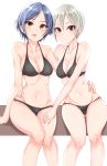  2girls :d arm_around_waist arm_at_side bangs bare_arms bare_shoulders bikini black_bikini blonde_hair blue_hair breasts brown_eyes cleavage closed_mouth collarbone earrings eyebrows_visible_through_hair eyelashes gluteal_fold hand_on_another&#039;s_thigh hayami_kanade highres idolmaster idolmaster_cinderella_girls jewelry looking_at_viewer medium_breasts multiple_girls navel o-ring_bikini open_mouth parted_bangs shiny shiny_hair shiomi_shuuko shirushiru_(saitou888) short_hair simple_background sitting smile stomach stud_earrings swimsuit thighs white_background 