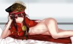  1girl arm_behind_back bed_sheet black_hat breasts brown_hair cape demon_archer fate/grand_order fate_(series) hair_between_eyes hat indoors komainu_(yamaha1997) long_hair looking_at_viewer lying medium_breasts military_hat naked_cape on_side pillow red_cape red_eyes shiny shiny_skin smile solo underwear 