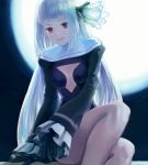  1girl bangs bare_legs black_dress black_gloves blunt_bangs blurry bravely_default_(series) bravely_second:_end_layer breasts center_opening closed_mouth cowboy_shot depth_of_field dress eyebrows eyelashes eyes_visible_through_hair facing_viewer flower frilled_sleeves frills full_moon gloves hair_flower hair_ornament highres lips long_hair long_sleeves looking_at_viewer magnolia magnolia_arch midriff moon night night_sky pink_lips red_eyes reiesu_(reis) short_dress sidelocks signature sitting sky sleeves_past_wrists small_breasts smile solo straight_hair turtleneck very_long_hair white_hair wide_sleeves 