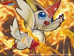  2016 fangs no_humans official_art open_mouth pokemon pokemon_(creature) pokemon_(game) pokemon_card pokemon_trading_card_game smile solo tokiya victini watermark 