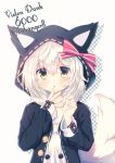  1girl animal_hood finger_to_mouth fox_tail hood hoodie misaki_yuu open_clothes open_hoodie original parted_lips shirt simple_background tail white_background white_hair yellow_eyes 