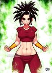 1girl abs alone aura black_eyes black_hair bracer breasts caulifla clenched_hand curvy dragon_ball dragon_ball_super earrings female fusion jadenkaiba jewelry kale_(dragon_ball) kefla_(dragon_ball) large_breasts looking_at_viewer navel ponytail potara_earrings saiyan smile solo spiky_hair stomach thigh_gap thighs toned