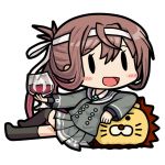  1girl 90mm_single_high-angle_gun_mount :d asagumo_(kantai_collection) bamomon black_legwear blazer blush_stickers brown_hair chibi commentary_request cup drinking_glass hachimaki headband holding jacket kantai_collection long_hair looking_at_viewer lowres open_mouth pleated_skirt ponytail school_uniform simple_background skirt smile solo stuffed_animal stuffed_lion stuffed_toy thigh-highs white_background wine_glass zettai_ryouiki 