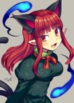  1girl :3 animal_ears bangs blunt_bangs breasts cat_ears cat_tail dated dress fang green_dress iroyopon kaenbyou_rin long_hair looking_at_viewer medium_breasts open_mouth pointy_ears red_eyes redhead simple_background smile solo tail touhou upper_body 