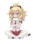  &gt;:&lt; 1girl animal_ears blonde_hair blush boots closed_mouth crossed_arms extra_ears fkey full_body fur_collar hair_between_eyes kemono_friends legs_crossed lion_(kemono_friends) lion_ears lion_tail long_hair looking_at_viewer necktie pleated_skirt red_neckwear red_skirt short_sleeves simple_background sitting sketch skirt solo tail thigh-highs white_background white_legwear white_sleeves yellow_eyes 