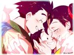  1girl 3boys artist_name black_eyes black_hair blush brothers chi-chi_(dragon_ball) closed_eyes crying dragon_ball dragonball_z earrings eyebrows_visible_through_hair family father_and_son forehead-to-forehead hands_on_another&#039;s_face hug jewelry looking_at_another mother_and_son multiple_boys ochanoko_(get9-sac) out_of_frame siblings simple_background son_gohan son_gokuu son_goten tears tied_hair twitter_username white_background wristband 