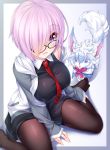  1girl black_legwear breasts commentary_request fate/grand_order fate_(series) fou_(fate/grand_order) from_above glasses hair_over_one_eye highres large_breasts looking_at_viewer looking_up necktie pantyhose parted_lips pleated_skirt purple_hair shielder_(fate/grand_order) short_hair sitting skirt smile violet_eyes wakagi_repa wariza 