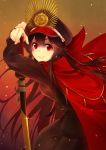  1girl belt black_hair black_pants cape cowengium demon_archer fate/grand_order fate_(series) floating_hair from_side hat highres holding holding_sword holding_weapon katana long_hair looking_at_viewer military military_hat military_uniform pants red_eyes sheath smile solo sword uniform very_long_hair weapon 