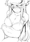  bangs bare_shoulders blunt_bangs blush bow bow_bra bow_panties bra breasts cleavage deetamu erect_nipples grabbing greyscale hat highres large_breasts long_hair looking_at_viewer mob_cap monochrome panties patchouli_knowledge plump simple_background touhou underwear white_background 