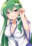 1girl bangs blue_eyes blush bow breasts buttons cleavage detached_sleeves eyebrows_visible_through_hair frog_hair_ornament green_hair hair_bow hair_ornament hand_up highres karasusou_nano kochiya_sanae large_breasts long_hair looking_at_viewer open_mouth sidelocks simple_background smile snake_hair_ornament solo sweat touhou upper_body white_background wide_sleeves 