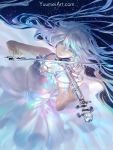  1girl closed_eyes commentary dress glass highres instrument long_hair original sky solo star_(sky) starry_sky violin watermark web_address wenqing_yan white_dress white_hair 