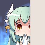  1girl @_@ bangs blue_hair eyebrows_visible_through_hair fate/grand_order fate_(series) horn_ornament horns japanese_clothes kimono kiyohime_(fate/grand_order) langbazi long_hair looking_at_viewer mouth_hold peeking_out signature solo yellow_eyes 