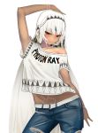  1girl altera_(fate) alternate_costume arm_up bangs bare_arms bare_shoulders belt blunt_bangs blush breasts casual clothes_writing commentary contemporary contrapposto cowboy_shot dark_skin denim fate/extra fate/grand_order fate_(series) i-pan looking_at_viewer midriff navel pants red_eyes short_hair short_sleeves simple_background small_breasts solo tattoo torn_clothes torn_pants veil white_background white_hair 