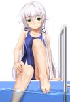  1girl altina_orion barefoot black_ribbon competition_swimsuit eiyuu_densetsu eto feet flat_chest green_eyes hair_ribbon highres long_hair looking_at_viewer one-piece_swimsuit pool_ladder poolside ribbon sen_no_kiseki sen_no_kiseki_2 silver_hair simple_background solo swimsuit toes water white_background 