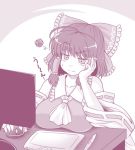  1girl alternate_breast_size annoyed ascot bow breasts commentary_request computer_mouse detached_sleeves eyebrows_visible_through_hair hair_bow hair_tubes hakurei_reimu large_breasts marumega monitor monochrome raised_eyebrow ribbon-trimmed_sleeves ribbon_trim solo squiggle stylus sweatdrop tablet touhou upper_body 