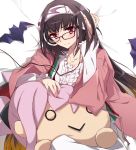  1girl bat black_hair blush brown_hair character_doll fate/grand_order fate_(series) glasses gradient_hair hairband headphones looking_at_viewer low_twintails miyamoto_musashi_(fate/grand_order) multicolored_hair origami osakabe-hime_(fate/grand_order) solo tsuedzu twintails violet_eyes 
