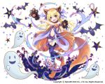  1girl :d animal_ears animal_print arm_up armband bandage bandaged_leg bare_shoulders bat bat_print bat_wings blonde_hair center_opening collarbone crescent fake_animal_ears fang frilled_swimsuit frills full_body ghost gloves graveyard head_tilt head_wings jack-o&#039;-lantern kai-ri-sei_million_arthur kona_(canaria) long_hair looking_at_viewer multicolored multicolored_eyes navel official_art one-piece_swimsuit open_mouth orange_eyes outstretched_arm paw_gloves paw_shoes paws print_legwear purple_legwear purple_ribbon purple_swimsuit purple_wings ribbon shoes smile solo sparkle standing standing_on_one_leg star strapless strapless_swimsuit swimsuit tail thigh-highs tombstone very_long_hair violet_eyes wings wolf_ears wolf_tail 