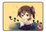  1girl artist_name black_legwear blue_hakama blush brown_eyes brown_hair eating hair_between_eyes hakama hakama_skirt japanese_clothes kaga_(kantai_collection) kantai_collection short_hair side_ponytail solo sparkle taisa_(kari) tasuki thigh-highs 