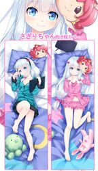  1girl barefoot black_hairband blue_eyes blue_sweater blush bow breasts cleavage collarbone dakimakura dress_shirt eromanga_sensei eyebrows_visible_through_hair feet frilled_shorts frills from_above full_body hair_bow hairband headband highres holding holding_pen izumi_sagiri long_hair looking_at_viewer lying mask mask_on_head menggongfang multiple_views naked_sweater navel on_back open_clothes open_shirt partially_unzipped pink_shirt pink_shorts red_bow shirt short_shorts shorts silver_hair small_breasts smile stomach sweater toes very_long_hair 