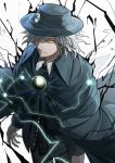  1boy black_coat black_hat closed_mouth cowboy_shot edmond_dantes_(fate/grand_order) fate/grand_order fate_(series) fedora hair_over_one_eye hat looking_at_viewer male_focus sando_(310_sand) simple_background smile solo white_background white_hair yellow_eyes 