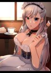  1girl akuan_(7jackpot7) azur_lane bare_shoulders belfast_(azur_lane) blue_eyes blush braid breasts cake chains cleavage collar collarbone cup dress food french_braid highres large_breasts letterboxed long_hair looking_at_viewer maid maid_headdress parted_lips silver_hair sitting solo tea teacup translated upper_body white_dress 