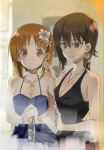  2girls black_dress blue_dress breasts brown_eyes brown_hair cleavage collarbone cosmic_(crownclowncosmic) dress eyebrows_visible_through_hair flower girls_und_panzer gloves hair_between_eyes hair_flower hair_ornament hand_on_another&#039;s_arm hand_on_another&#039;s_shoulder highres indoors jewelry large_breasts medium_breasts multiple_girls necklace nishizumi_maho nishizumi_miho own_hands_together parted_lips reflection short_hair siblings single_earring sisters tareme tsurime 
