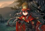  1girl alle_gro belt black_hat cape demon_archer fate/grand_order fate_(series) floating_hair gloves grey_gloves grey_hair hair_between_eyes hat long_hair military military_hat military_uniform outdoors red_cape red_eyes smile solo tree uniform very_long_hair 