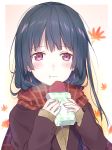  1girl autumn_leaves black_hair coat commentary_request eating food highres holding kakizato long_hair looking_at_viewer original scarf solo sweet_potato violet_eyes 