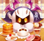  1boy armor cake doughnut food fruit highres ice_cream kirby_(series) male_focus mask meiousei_(mamea) meta_knight pancake plaid plaid_background shoulder_armor solo spoon star starry_background strawberry sundae table wings 