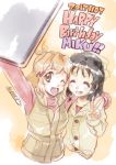  2girls arm_around_shoulder as&#039;maria black_hair brown_eyes brown_hair closed_eyes hair_ornament hair_ribbon hairclip happy_birthday kohinata_miku looking_at_viewer multiple_girls one_eye_closed open_mouth ribbon self_shot senki_zesshou_symphogear short_hair smile tachibana_hibiki_(symphogear) v yellow_eyes 