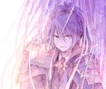  1boy armor cape fudou_yukimitsu japanese_armor kiwame_(touken_ranbu) male_focus necktie noeru_(putty) ponytail purple purple_hair smile sode touken_ranbu violet_eyes 