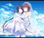 2girls bare_shoulders bird black_hair blue_eyes blue_neckwear blue_sky breasts bridal_veil brown_hair carrying clouds dated day dress elbow_gloves formal furutaka_(kantai_collection) gloves glowing glowing_eye highres kabocha_torute kako_(kantai_collection) kantai_collection long_hair messy_hair multiple_girls necktie ocean open_mouth petals ponytail princess_carry remodel_(kantai_collection) seagull short_hair sky smile strapless strapless_dress suit tiara twitter_username veil water wedding_dress white_dress white_gloves wife_and_wife yellow_eyes 