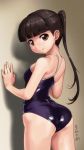  1girl artist_name ass bangs black_hair blunt_bangs brown_eyes competition_school_swimsuit cowboy_shot from_behind long_hair looking_at_viewer original ponytail rohitsuka school_swimsuit shiny_swimsuit smile solo swimsuit wall 