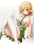  1girl 3: arm_support blonde_hair blue_eyes breasts capelet chains cleavage closed_mouth collar elf gogo_shichi-ji hair_between_eyes high-waist_skirt leaning_back medium_breasts mole mole_under_eye o-ring panties pointy_ears short_hair simple_background sitting skirt solo thigh-highs underwear white_legwear white_panties 