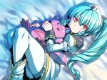  1girl aqua_hair galaxy_angel hat holding holding_stuffed_animal long_hair looking_at_viewer lying on_back pantyhose red_eyes solo stuffed_animal stuffed_toy tsuki_wani vanilla_h white_hat white_legwear 