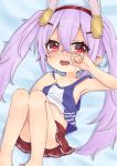  1girl animal_ears armpits azur_lane bangs bare_arms bare_legs bed_sheet camisole camisole_lift collarbone eyebrows_visible_through_hair hair_between_eyes hairband headgear laffey_(azur_lane) long_hair looking_at_viewer lying on_back open_mouth pleated_skirt purple_hair rabbit_ears red_eyes red_hairband red_skirt reo_(re2kn) saliva sidelocks skirt solo tears twintails very_long_hair 