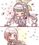  2girls blazer blush chabashira_tenko chibi clenched_hands closed_eyes dangan_ronpa hair_ornament hair_ribbon hairband hairclip hat heart jacket long_hair multiple_girls new_dangan_ronpa_v3 redhead ribbon school_uniform serafuku short_hair simple_background smile tpi_ri twintails witch_hat yumeno_himiko yuri 