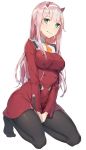  1girl aqua_eyes black_legwear breasts closed_mouth darling_in_the_franxx double-breasted dress hairband highres horns large_breasts long_hair long_sleeves looking_to_the_side orange_neckwear pantyhose pink_hair red_dress rikoma shiny shiny_hair straight_hair white_background zero_two_(darling_in_the_franxx) 