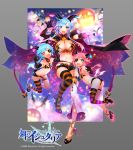  3girls :d absurdres age_of_ishtaria apt black_gloves blue_eyes blue_hair blush breasts cape elbow_gloves fang fangs full_body gloves gradient_eyes gradient_hair highres horns jack-o&#039;-lantern large_breasts looking_at_viewer mismatched_legwear multicolored multicolored_eyes multicolored_hair multiple_girls navel official_art open_mouth pink_eyes pink_hair short_shorts shorts single_thighhigh smile stomach striped striped_legwear thigh-highs 